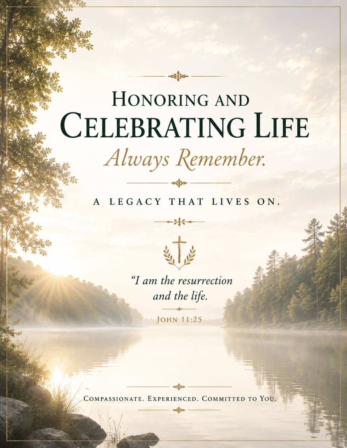 Sunlight over a peaceful lake with the words Honoring and Celebrating Life